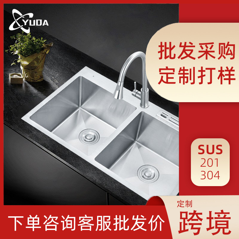 Fregadero de cocina comercial personalizado con porta cuchillos y doble ranura, acero inoxidable cepillado