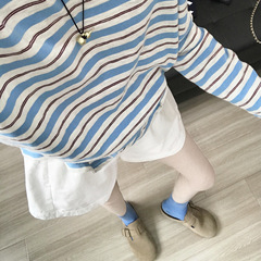 Classic条纹  爱意中古精致刺绣撞色麻棉防晒长袖T恤女