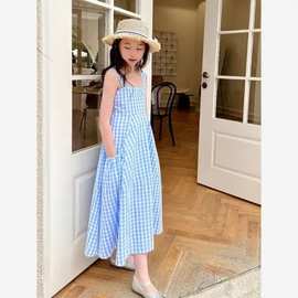 女童连衣裙夏季新款韩版中大童格子吊带背心长裙子亲子沙滩裙网红