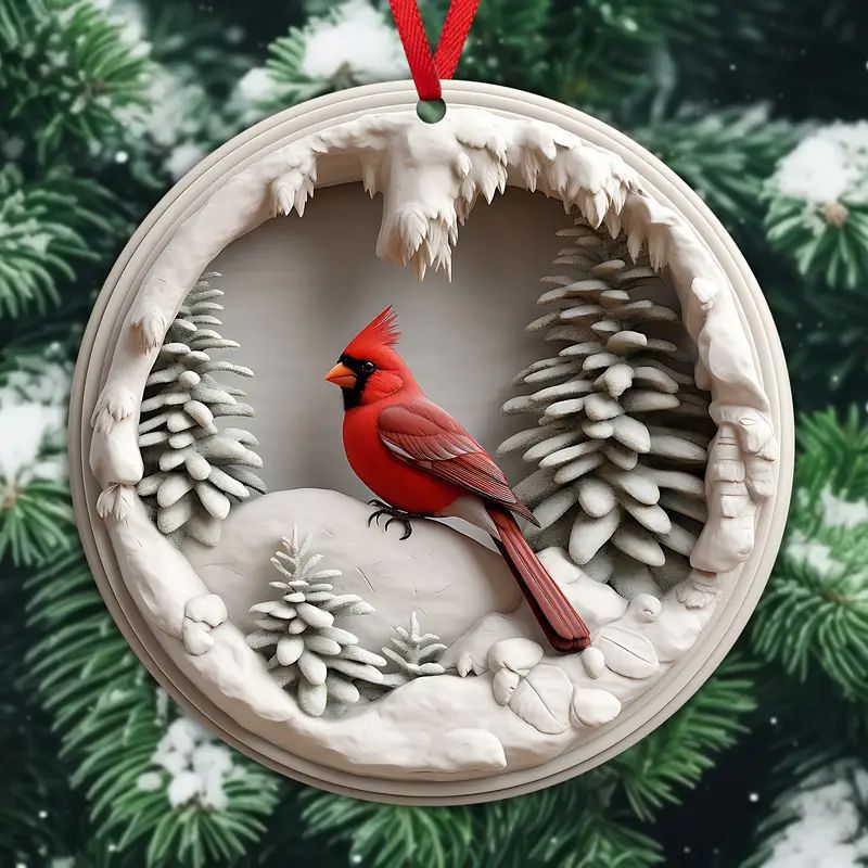 Colgante acrílico plano colgante decoración del árbol de Navidad listado disco pájaro rojo