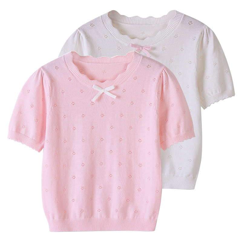 Transfronterizos de clase A niños cuello redondo hueco arco de verano delgado camiseta de manga corta niñas transpirables camisas de punto al por mayor