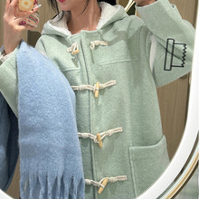 2025加绒加厚长款大衣夹棉新款秋冬牛角扣宽松毛呢外套女韩系森女