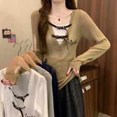 美式辣妹烫钻镂空V领针织衫微透女秋季新款修身显瘦镂空设计