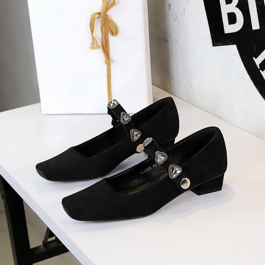8292-K113 European And American Mary Jane Women's With Chunky Heel, Square Toe, Shallow Cut, Single Strap, Suede,_vogvips.com