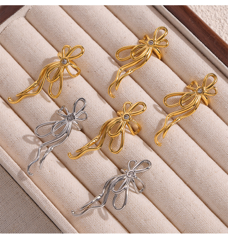 Bow Knot Pattern PVD Coated Real Gold Plated Bow Knot Titanium Steel IG Style Simple Style Waterproof Non Tarnish Ear Cuffs