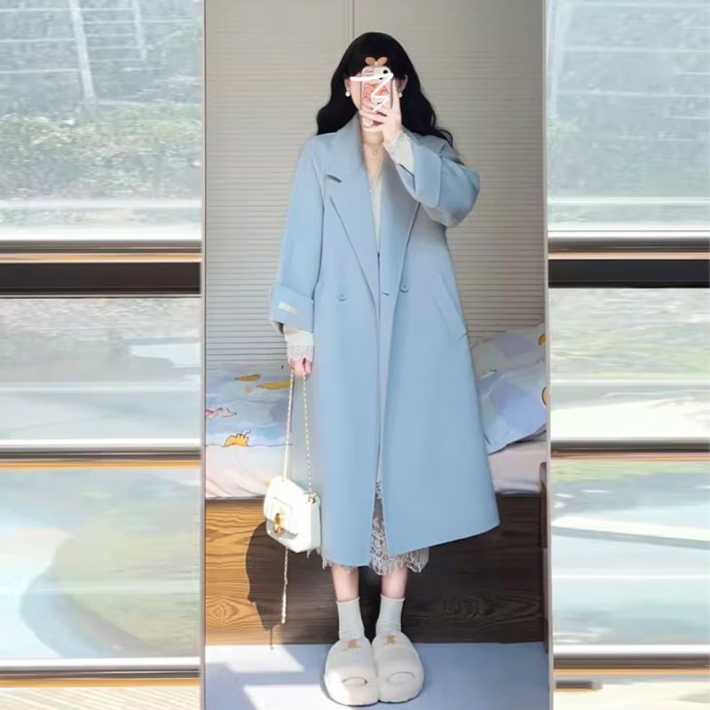 韩系高级感蓝色呢子大衣女秋冬季2025新爆款小个子毛呢外套中长款|undefined