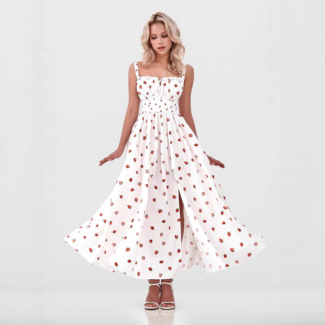 Cross-Border Floral Strap European And American 2025 Summer New Low Neck Tie Slit High Waist Printed Dress_ecoleips.com