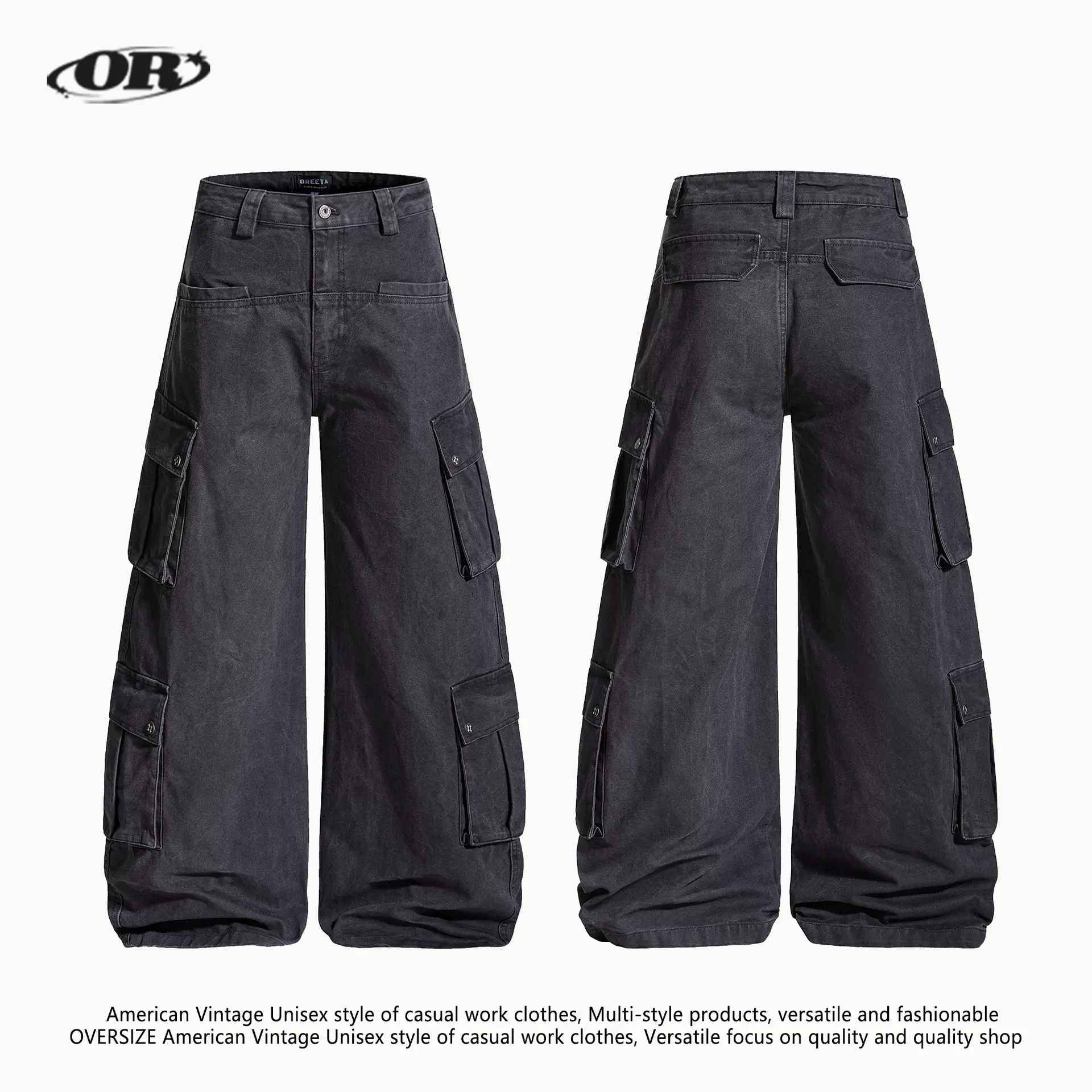 OREETA美式cleanfit弯刀工装裤男女款宽松阔腿垂坠感多口袋休闲裤