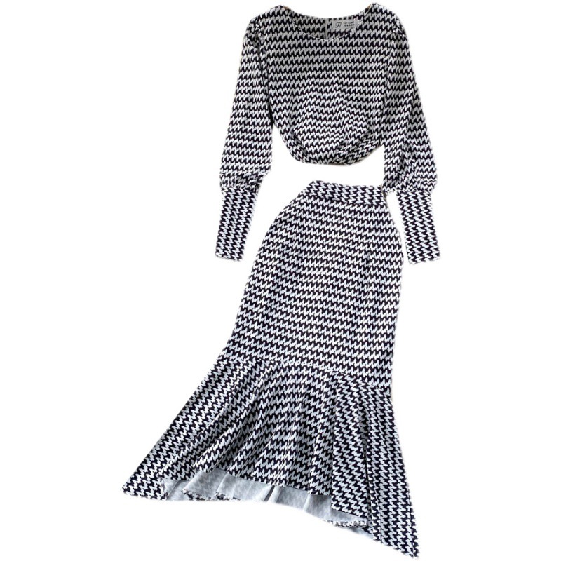 Women's Clothing Celebrity women's clothing suit retro corrugated puff sleeve top versatile fishtail skirt feeling two piece suit_voghion.com