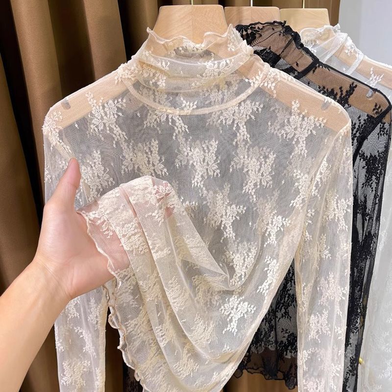 Half-High Collar Lace Inner Top for Women, Spring and Autumn 2026 New Style, Ruffled Mesh Base Shirt, Thin Inner Wear Top for Women