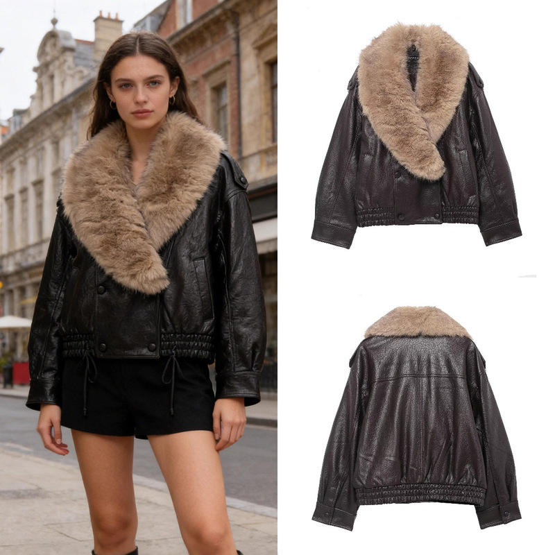 Foreign Trade Cross-Border Wholesale of European and American Style Women's Clothing, New Winter Fashion Detachable Collar Faux Leather Jacket