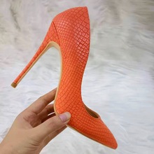 2020新款女鞋橙色蛇紋名媛高跟鞋12CM尖頭細跟歐美性感淺口單鞋