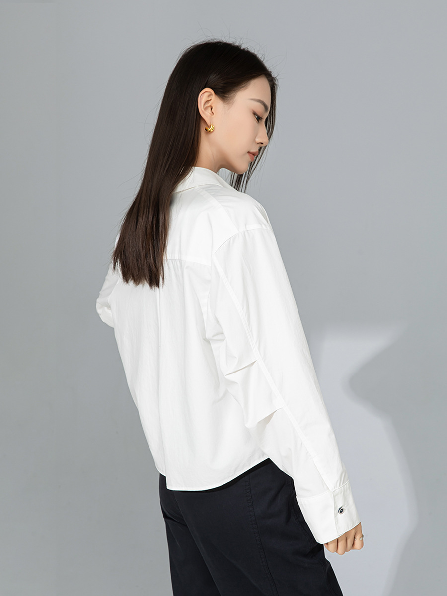 Áo sơ mi polo dài tay nữ kiểu Pháp chất cotton thụng, dáng ngắn mặc ngoài cardigan — Xanh nước muối