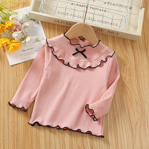 Spring and Autumn Baby Bottoming Shirt Korean Style Girls Lotus Collar Long Sleeve Cotton T-Shirt New Children's Solid Color Cotton Top