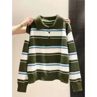 韩系polo领纽扣撞色条纹针织毛衣女春秋季半开扣宽松休闲慵懒上衣