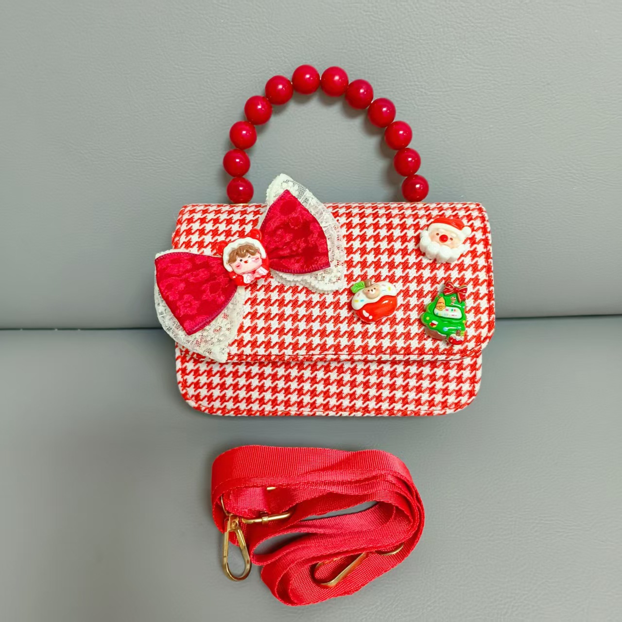 Cartera de Año Nuevo rojo arco de papá Noel bolso de perla pequeña cadena de viento fragante bolso de hombro