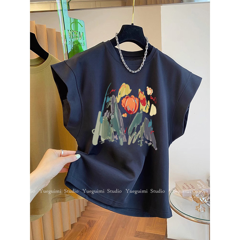 Outlet~Brand Special Price American Retro Summer New Style Right Shoulder Design Niche Small Flying Sleeve Pure Cotton T-Shirt