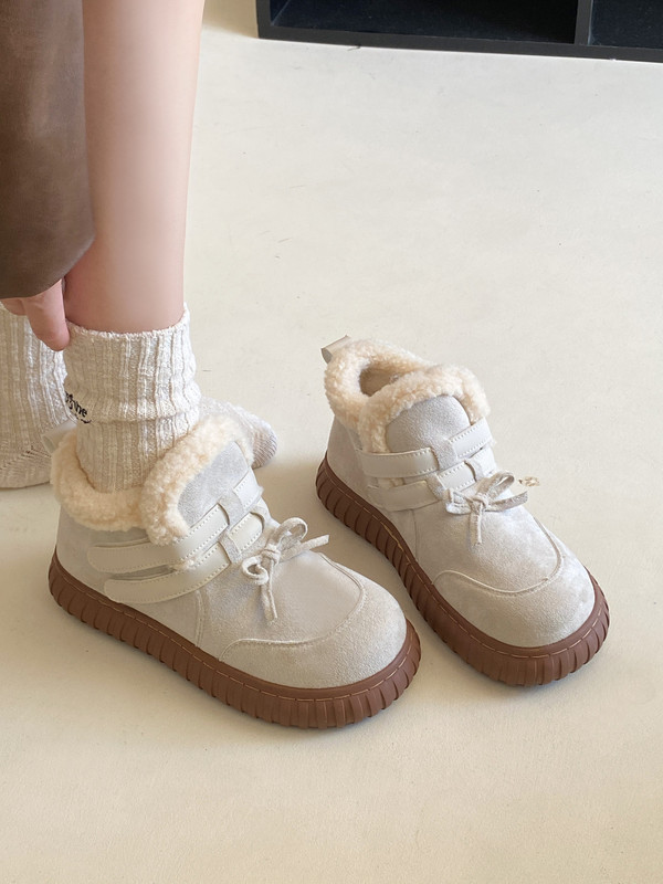 Fleece-Lined and Thickened Snow Boots for Women, 2026 Winter New Style, British Style Versatile Bowknot Thick-Soled Furry Large Cotton Shoes