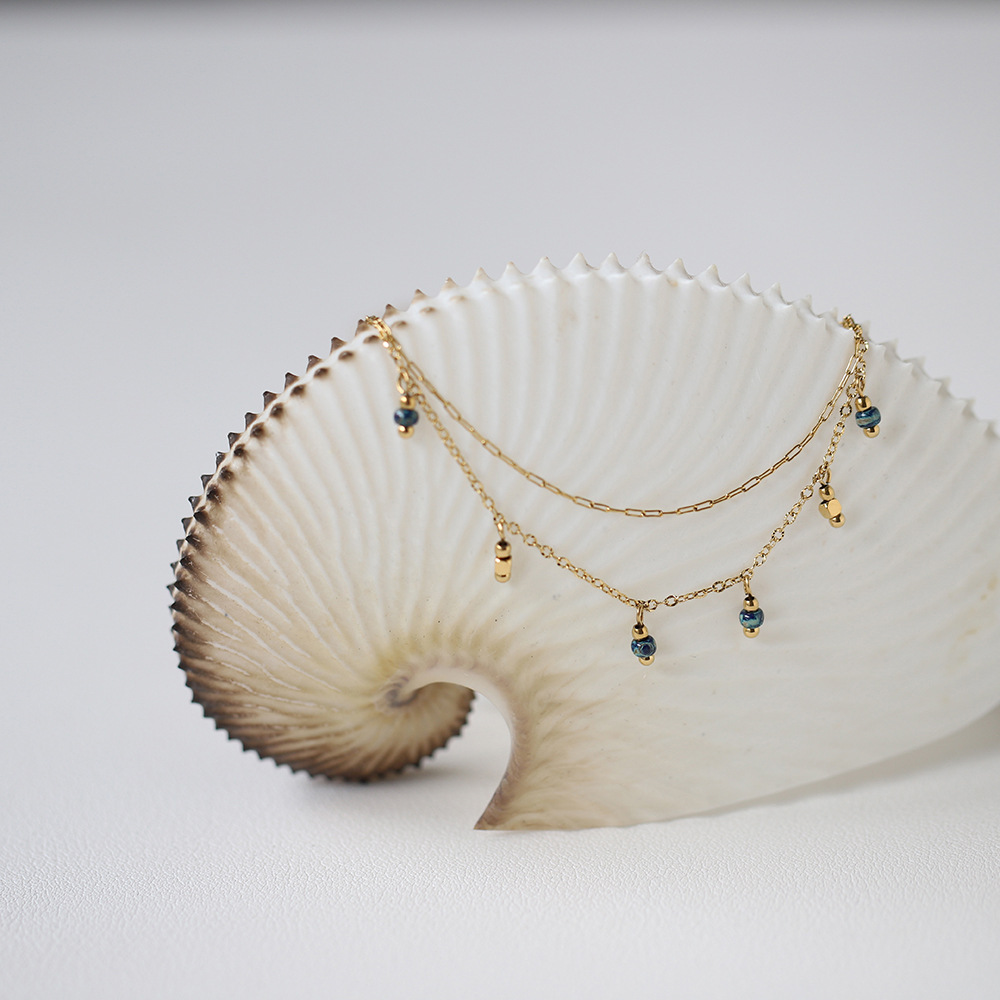 Plated 18K Gold Blue Beads Handmade Pendant Stacked Necklace