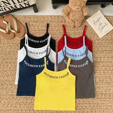 新款纯色字母符号印花无缝小吊带自带胸垫舒适透气美背打底背心女