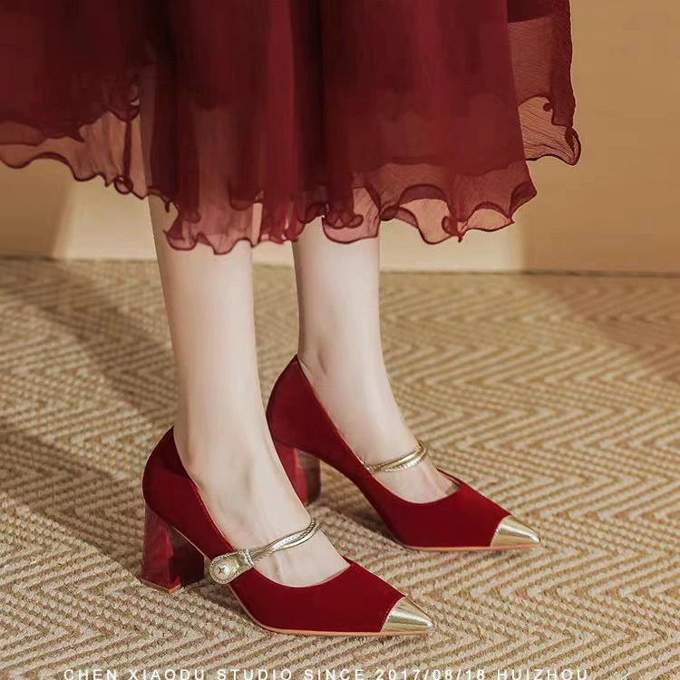 2024 новый осенний винно-красный туфли осенние женские французские свадебные туфли