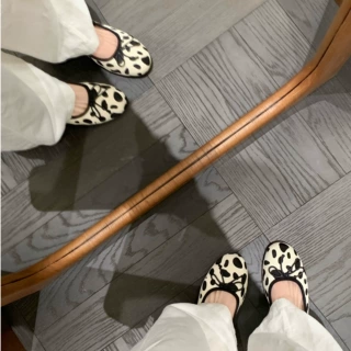羊皮版~葡萄妈同款增高3cm复古毛毛豹纹波点圆头蝴蝶结浅口单鞋女
