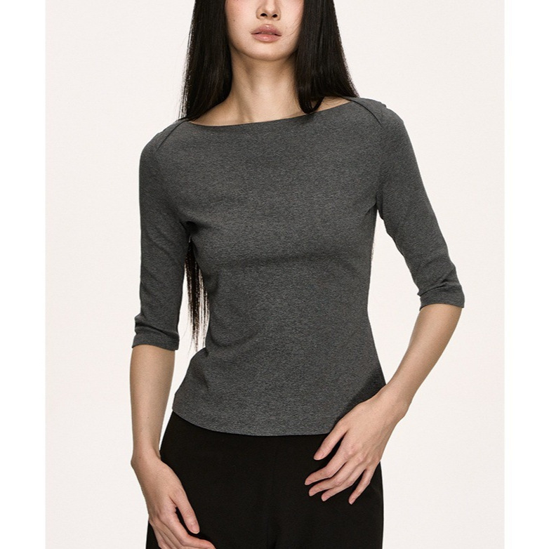 Anna Anaea Sailboat Collar Three-Quarter Sleeve T-Shirt Women's Summer Three-Quarter Sleeve Slim Sexy Gray Mid-Sleeve Versatile Top