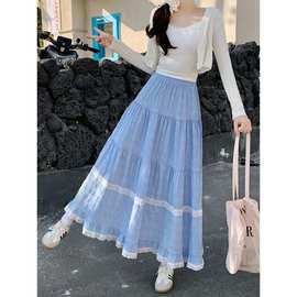 2025春装新款胖mm大码女设计感高腰A字蕾丝花边蛋糕裙伞裙子