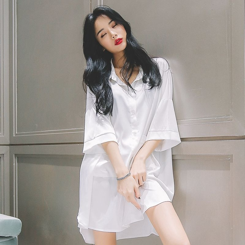 Camisón para mujeres 2023 nueva primavera y verano popular de moda estilo coreano de manga corta pijamas novio estilo camisa blanca