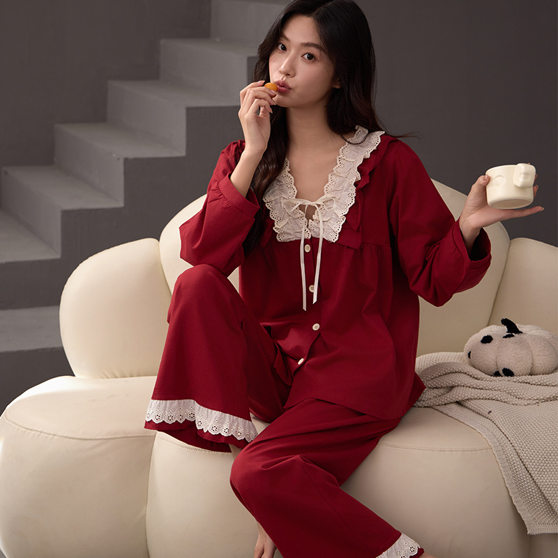 가을 새로운 순면 레드 파자마 여성용 카디건 V-NECK 유행 긴 소매 레드 아웃웨어 홈 의류 여성용 세트