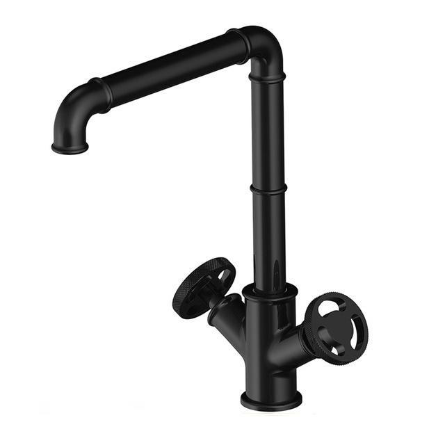 Industrial Style Kitchen Hot and Cold Water Faucet, Rotating Dual-Handle Faucet, Sink Faucet, Black Faucet