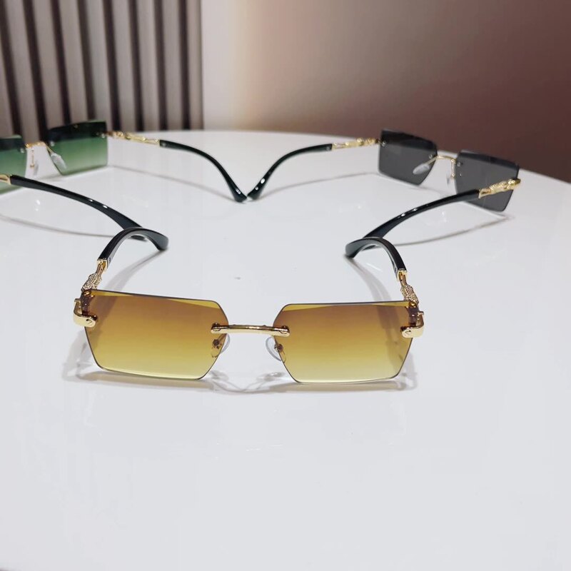 2024 New Square Fashion Sunglasses European and American Style Personality Rimless Leopard Decoration Personality Cut-Edge Pc Lens Sunglasses