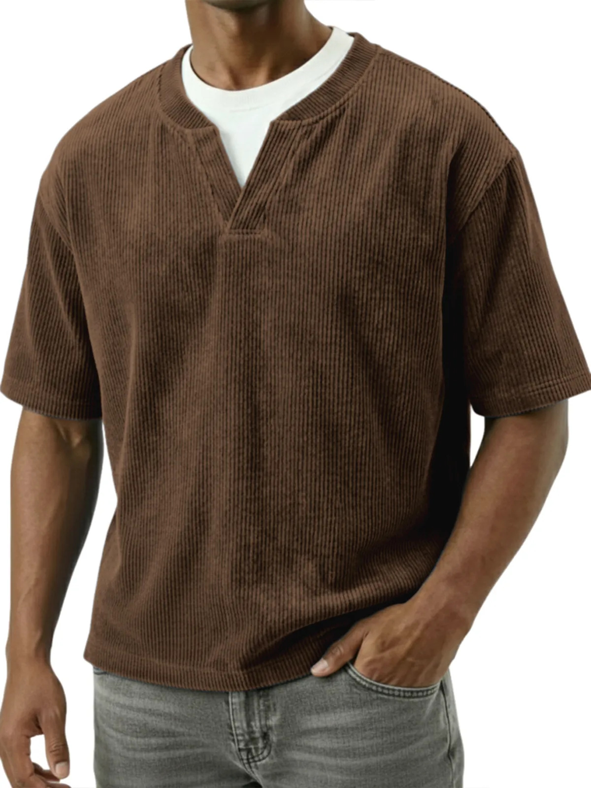 T-shirt uomo casual in velluto a coste con doppio collo_voghion.com