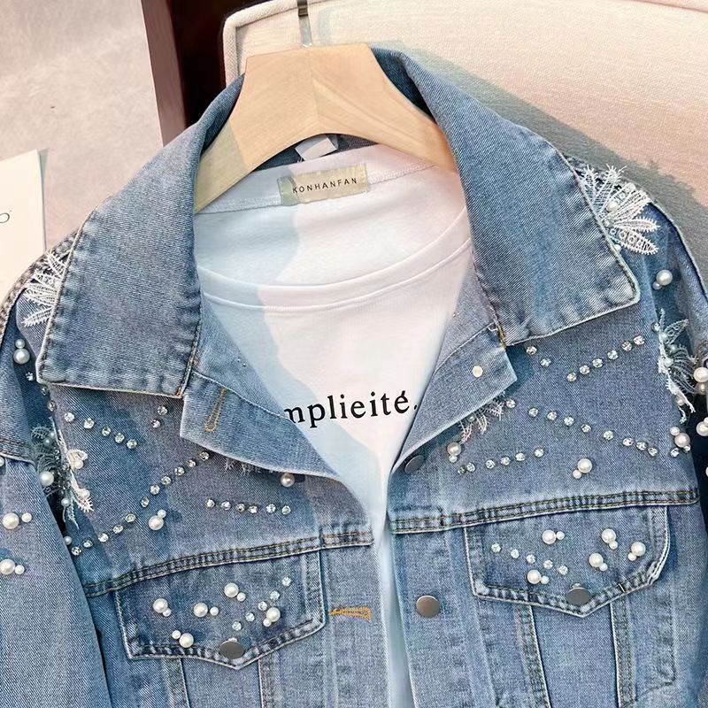 Damkläder Casual Jeansjacka För Dam Vår Och Höst Nya Lösa Mångsidiga Ins Trendiga Kraftiga Pärlmönstrade Jackor Toppar_voghion.com