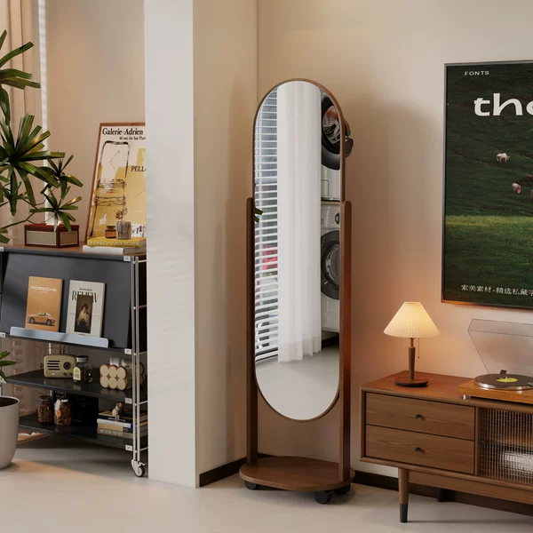 Vintage-Style Full-Length Mirror for Home Use, Bedroom Dressing Mirror, Movable Rotating Floor Mirror with Pegboard