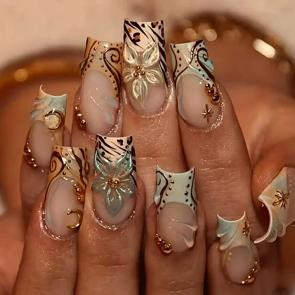 3D three-dimensional carved 24pcs cross-border French leopard print European and American style press-on nails, light luxury sweet and cool hot girl nail art