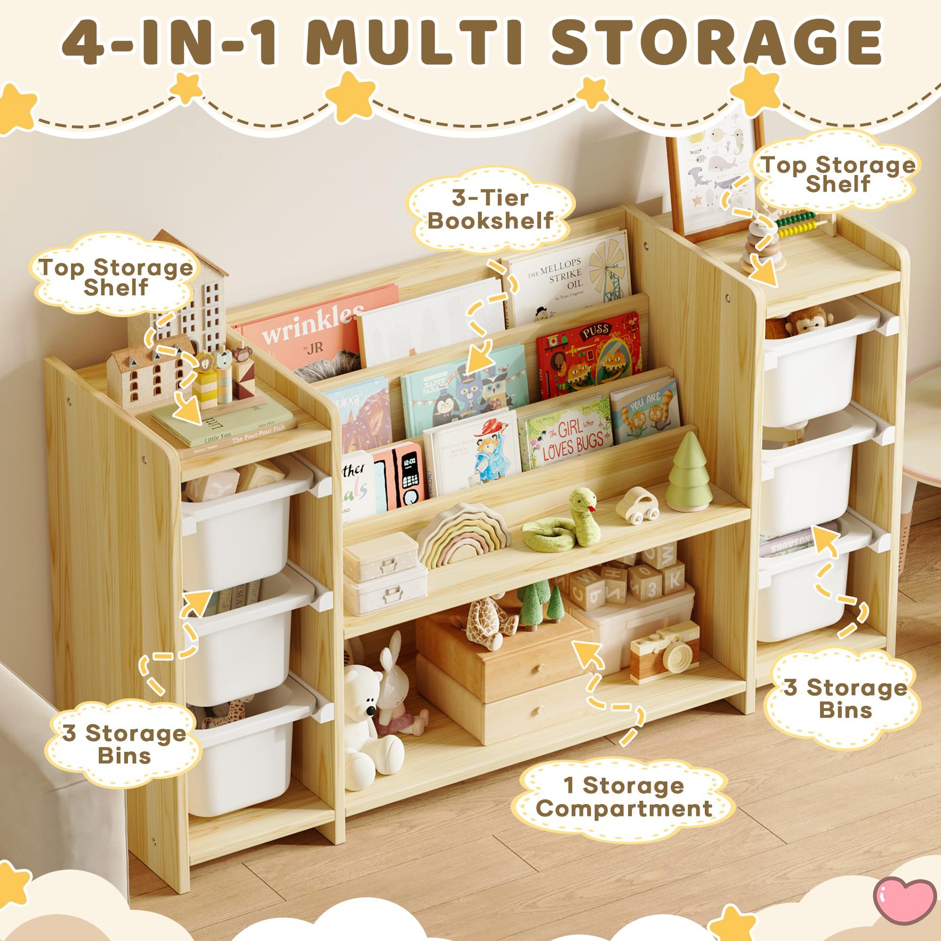 Cross-border Wooden Children's Toy Rack Storage Shelf Montessori Children's Toy Storage Rack Picture Book Rack Children's Bookshelf