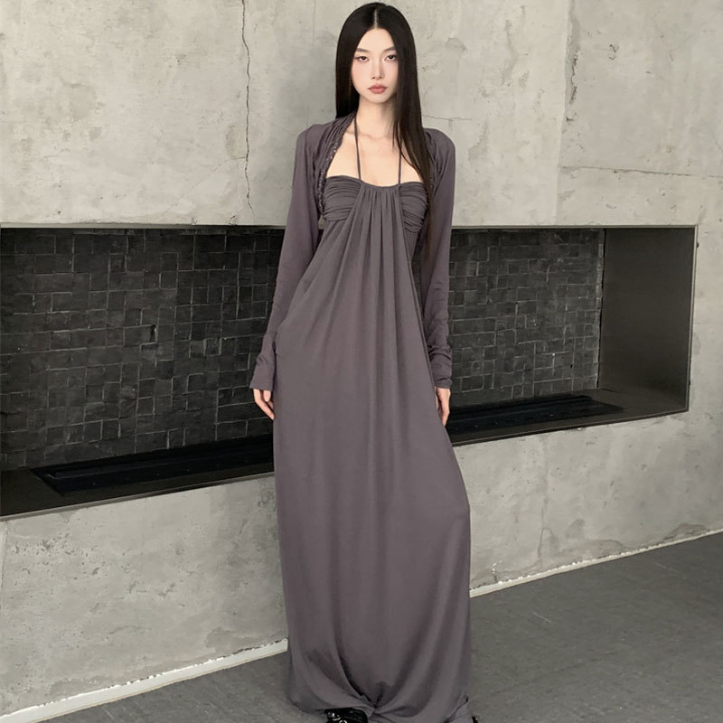 Dress Suit for Women, Niche Design, Long-Sleeved Cardigan Shawl + Pleated Long Slim Suspender Skirt Two-Piece Set