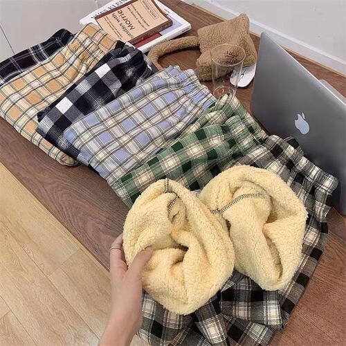 Warm Fleece Padded Home Pants Grid Casual Pants for Women Autumn/Winter Anti-Lambskin Straight Leg Slimming Outerwear Long Pants New