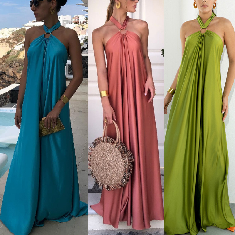 Cross-border independent station 2023 Summer sexy elegant women's clothing satin sling large swing dress Party travel dress