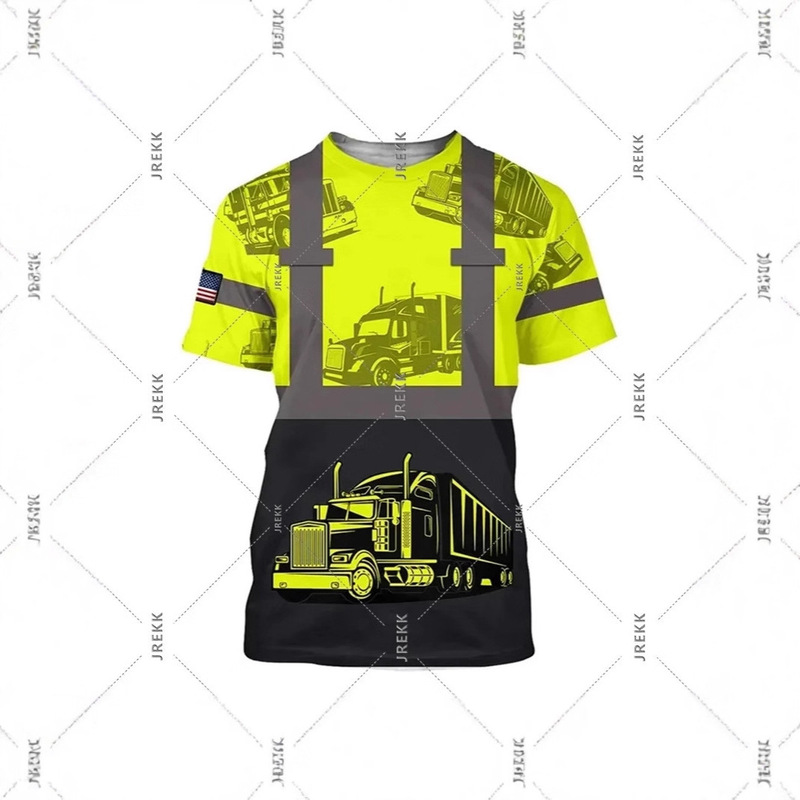 3D Printed Fun Truck Driver Uniform T-Shirt Men's Round Neck Short-Sleeved Work Clothes Casual Stylish Fake Stripes T-Shirt