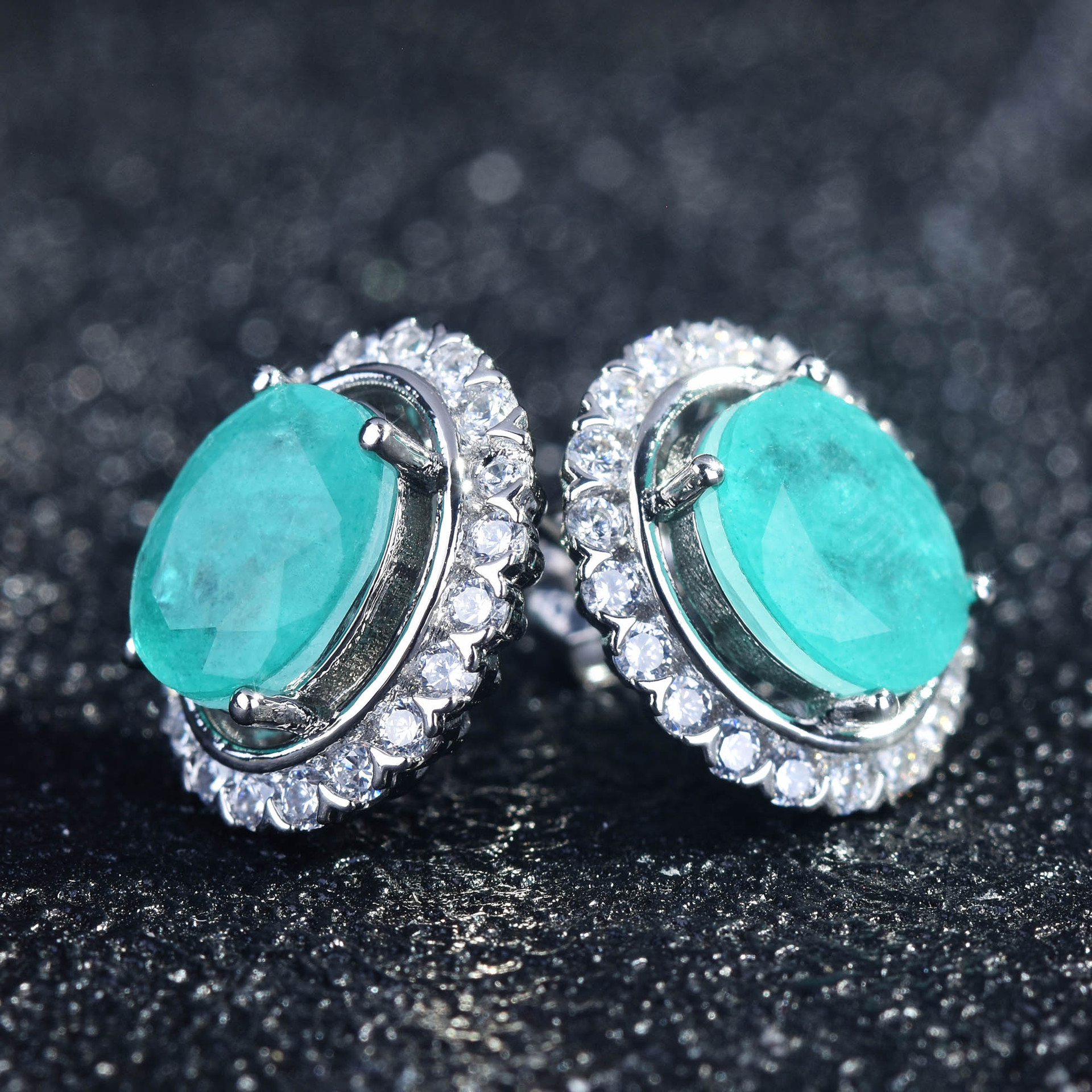 New European And American Style Retro Imitation Paraiba Suit Tik Tok Live Stream Colored Gems Necklace Open Rings Ear Studs Women display picture 5