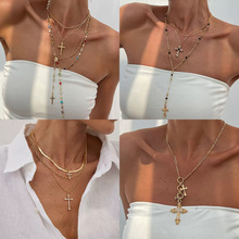 欧美风彩钻多层叠戴套装项链ins复古气质Vintage十字架锁骨链