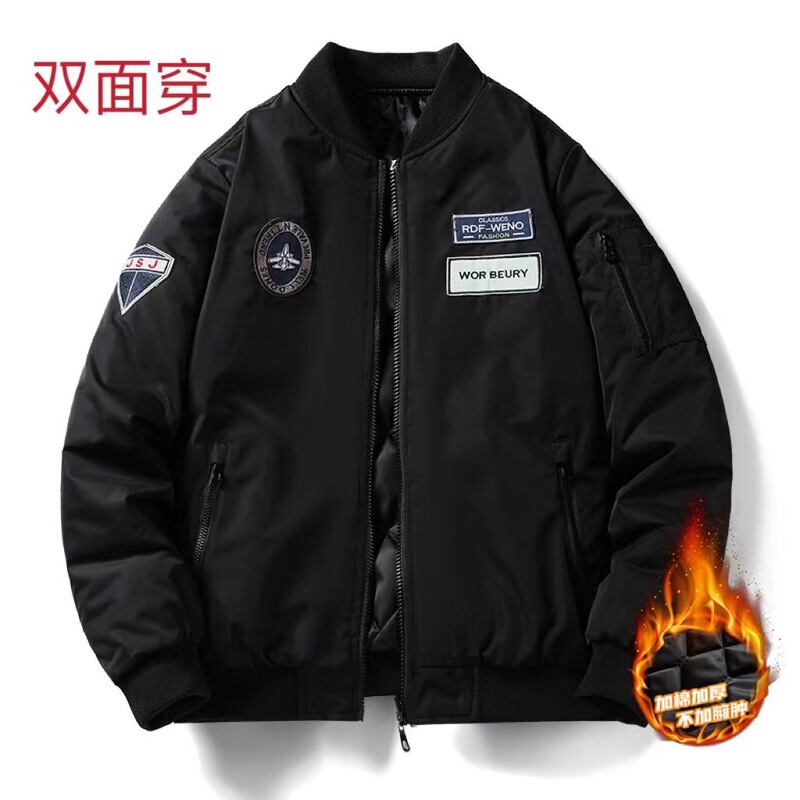 Reversible oversized baseball jacket for men, suitable for autumn and winter, with a thickened flight jacket design, Korean-style baseball collar, and warm cotton lining
