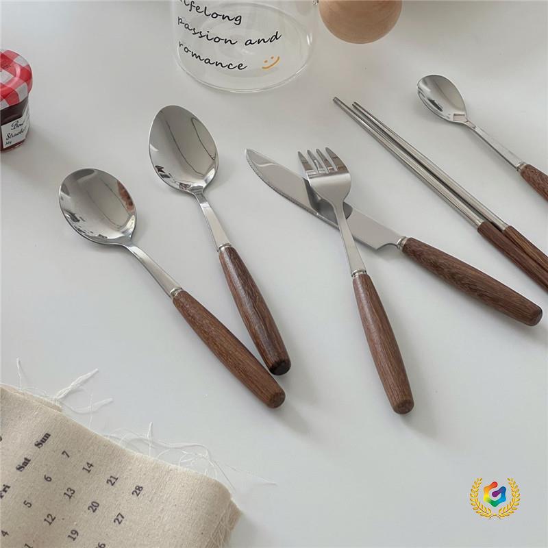Korean Retro Ins-Style Wooden Handle Chopsticks, Knife, Fork, Spoon Tableware Set for Home Use, Rice Spoon, Soup Spoon, Coffee Spoon Korean Retro Ins-Style Wooden Handle Chopsticks, Knife, Fork, Spoon Tableware Set for Home Use, Rice Spoon, Soup Spoon, Coffee Spoon