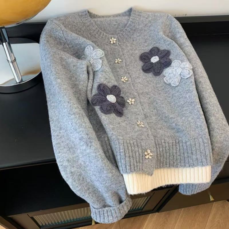 Áo khoác cardigan len dệt kim mềm mại màu xám nữ thiết kế độc đáo — xám chi tiết 1