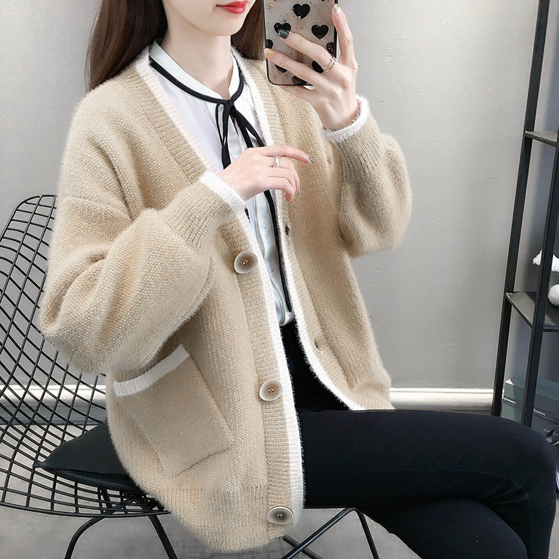 Spring and Autumn Women's Versatile Knit Cardigan, Color-Blocking Soft Warm Sweater, Wholesale Japanese and Korean Casual Style