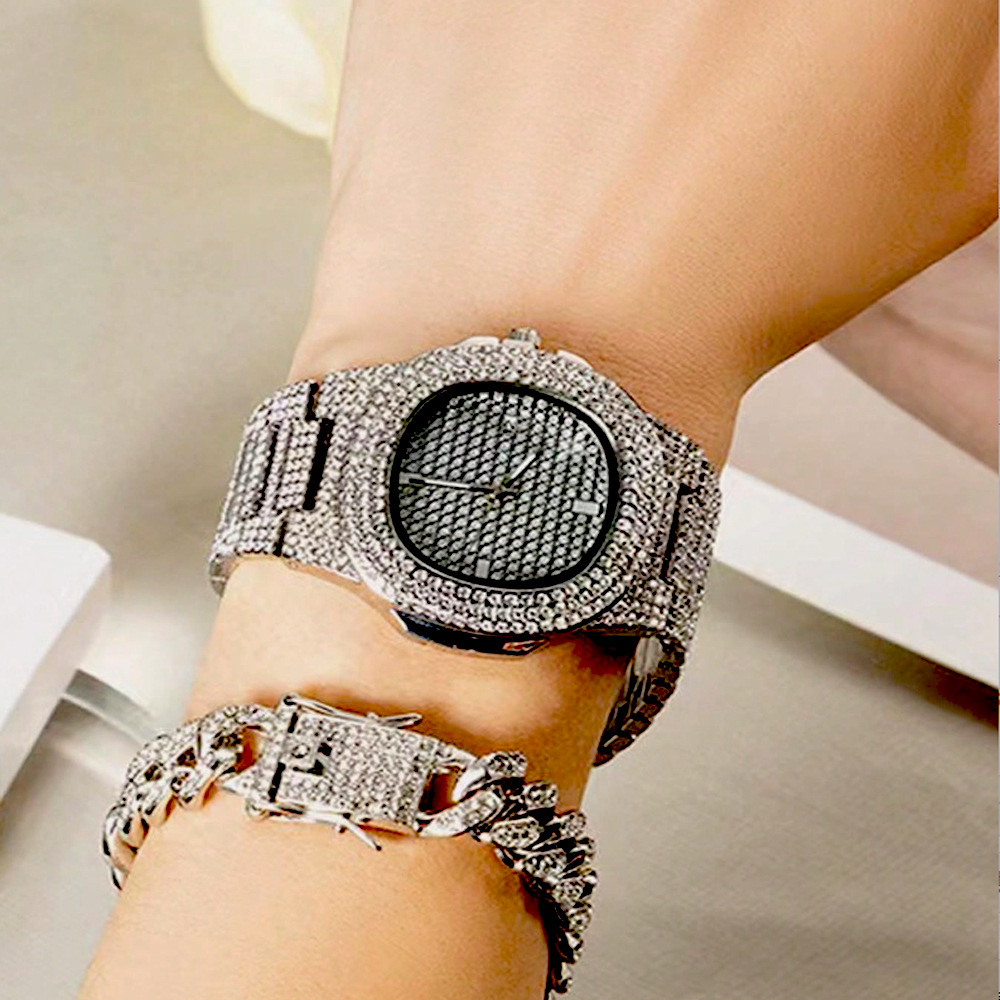 Cuban Chain Watch Bracelet Three piece Jewelry Personalized Fashion Set Hip Hop Full Diamond Necklace_voghion.com