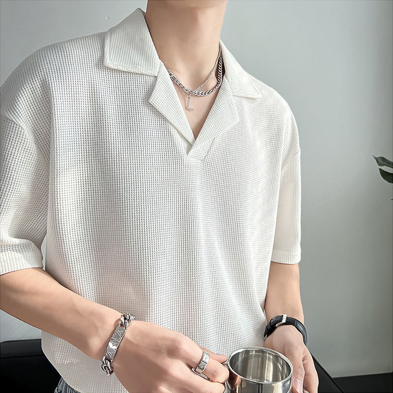 Ice Silk Mesh Cuban Collar Shirt Men's Short-sleeved 2023 Light Mature Hair Stylist Trendy Brand Men's Design Waffles Shirt