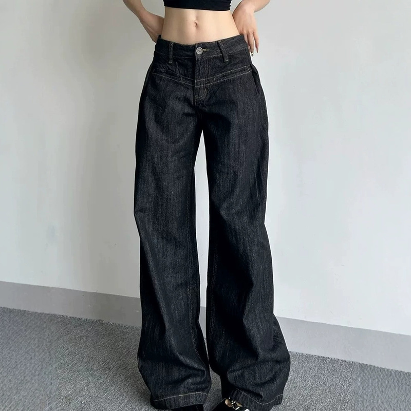 Designed with a Stylish Silhouette, Low-Waisted Curved Jeans for Women, Summer Trendy Brand, American Retro Style, Black Casual Loose Wide-Leg Pants Designed with a Stylish Silhouette, Low-Waisted Curved Jeans for Women, Summer Trendy Brand, American Retro Style, Black Casual Loose Wide-Leg Pants